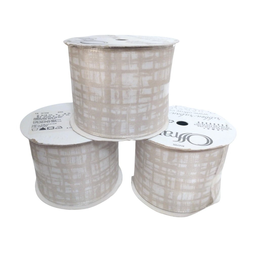Offray 2.25" x 9' Tan & White Plaid Single Faced Satin Ribbon Lot Of 3